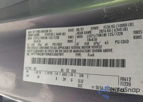 2022 Ford F250 Super Duty z USA, uszkodzony, nr VIN 1FT7W2BT0NEC60781